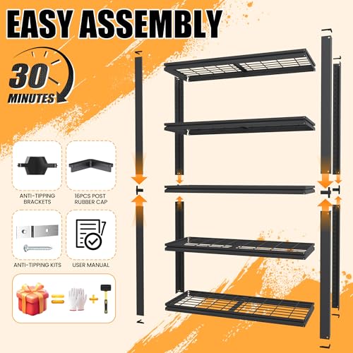 Heavy Duty 5 Tier Metal Garage Shelving, 72" H × 35" W × 16" D - size: 62"H × 27.6"W × 12"D