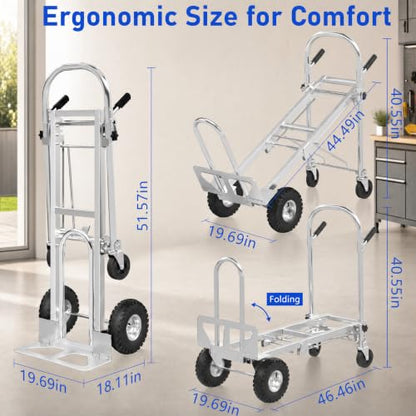 1000 LBS Dolly Cart with Wheels, 4 in 1 Folding Hand Truck, Stainless Steel Heavy Duty Industrial Convertible Hand Cart, Utility Collapsible Hand Truck Dolly for Warehouse, Home, Office, Etc - color: Silver