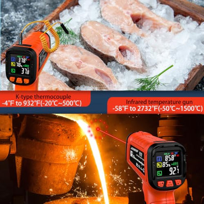Temp Gun with Probe 2732°F IR Thermometer 50:1, Kiln Forge - color: Orange Black