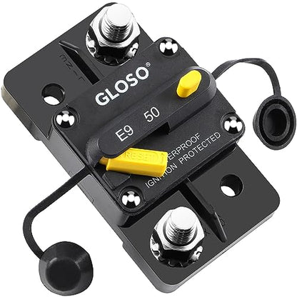GLOSO Circuit Breaker E93 Breaker Extended Surface Mount 3/8" Diagonal Stud Waterproof IP67 Marine RV Truck Hi-Amp (50A) - color: Extended Surface Mount (3/8" Stud), size: 50A