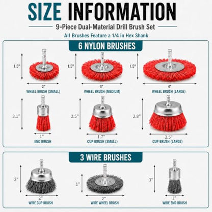 9 Pack Nylon Filament Abrasive Brush Set with 3 Wire Brushes for Drill