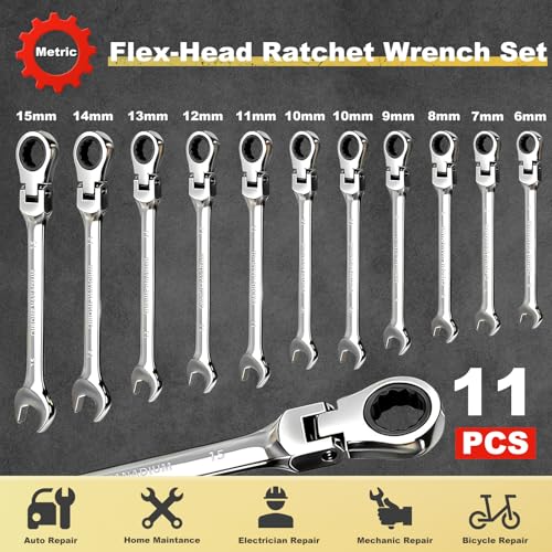 Egofine Flex Head Ratcheting Wrench Set 11 Piece, Metric Wrench Set, CR-V Steel 6-15mm Wrench, 72-Teeth Combination wrench set, Chrome plated Ratchet Wrenches Set with Tool Roll Bag - style: Metric-11 piece set