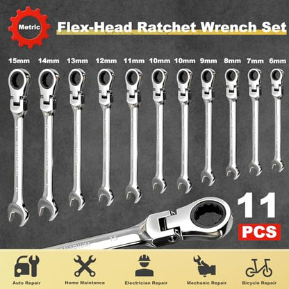 Egofine Flex Head Ratcheting Wrench Set 11 Piece, Metric Wrench Set, CR-V Steel 6-15mm Wrench, 72-Teeth Combination wrench set, Chrome plated Ratchet Wrenches Set with Tool Roll Bag - style: Metric-11 piece set