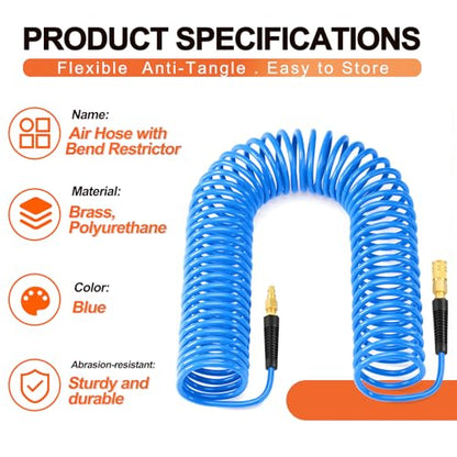 GASHER 1/4" x 50FT Polyurethane Recoil Air Hose with Bend Restrictor, 1/4" Industrial Quick Coupler and Plug - color: Blue, size: 1/4" x 50FT