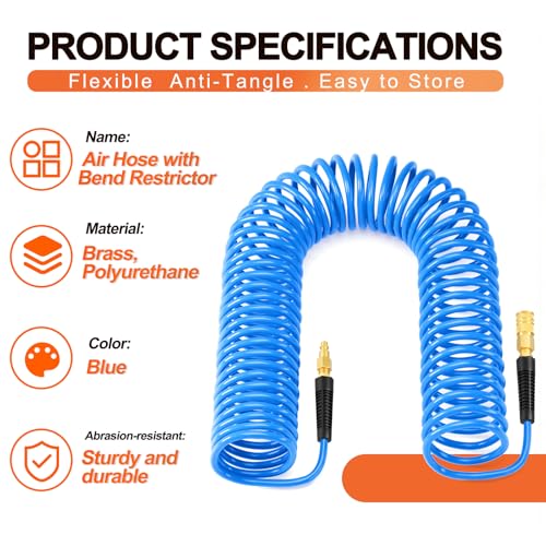GASHER 1/4" x 25FT Polyurethane Recoil Air Hose with Bend Restrictor, 1/4" Industrial Quick Coupler and Plug - color: Blue, size: 1/4" x 25FT