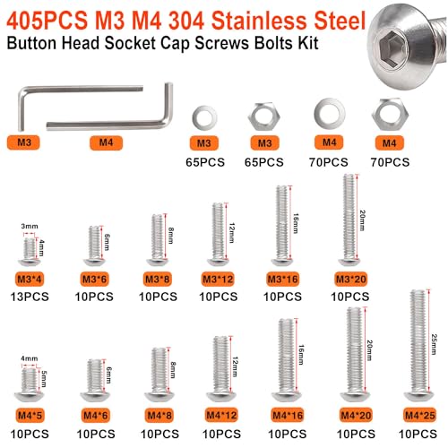 Taiss M3 M4 Screws Kit M3 M4 x 4mm/5mm/6mm/8mm/12mm/16mm/20mm/25mm 304 Stainless Steel Metric Screws Assortment Button Head Socket Cap Head Screws Bolts with Nuts/Washer/Wrenches 405PCS - color: SS 405PCS M3 M4 Kit