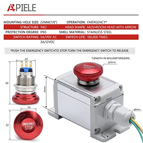 APIELE 22mm Metal Emergency Stop Push Button Switch Latching 12V-250V Waterproof Switch Station Box with Connection Plug, Stainless Steel 7/8" Mounting Hole B Type - size: 22mm (7/8"), style: B Type + Box