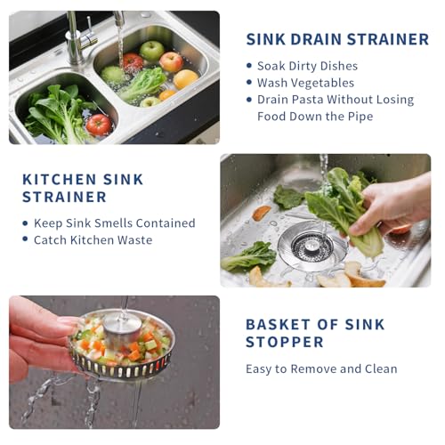 3-in-1 Kitchen Sink Drain Strainer & Sink Stopper 2 Pack - 304 Stainless Steel Sink Drain Strainer, Pop-Up Anti-Clog Design, Fits Standard 3-1/2'' Sink Drains - color: Sus304 Brushed 2pack
