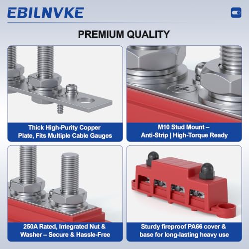 Bus Bar 12V 250A Power Distribution Block 4 x 3/8"(M10) Studs - color: Red&Black M10 250A