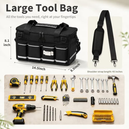 14-Inch Heavy Duty Tool Bag, 17 Pocket Tool Box Organizer - color: Black