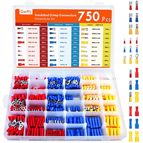 750PCS Wire Connectors Kit, Male and Female Spade Connectors, 27 Types Electrical Connector Kit 0.5-6.0mm², Insulated Terminal Connector, Includes Spade Ring Fork Wire Terminal - size: 750PCS