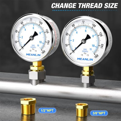 MEANLIN MEASURE 0~160Psi Stainless Steel 1/4" NPT 2.5" FACE DIAL Liquid Filled Pressure Gauge WOG Water Oil Air Lower Mount, with 1/2" NPT and 3/8" NPT Hex Bushing - size: 0-160Psi