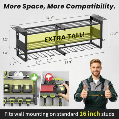 Power Tool Organizer Wall Mount with Charging Station, 8 Drill Holders - size: 32.8" Width 3-Tier