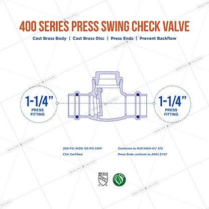 Midline Valve 622S336 Swing Check Valve, Backflow Prevention, 1-1/4 in. Press Connections, Cast Brass - size: 1-1/4 in., style: Single Pack