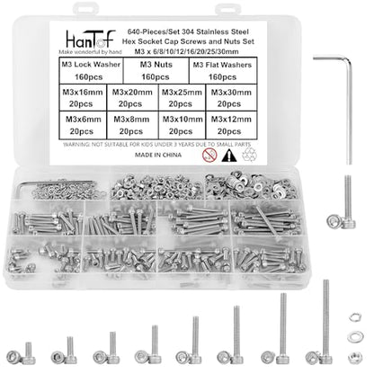 640Pcs Metric M3 Hex Socket Head Cap Screws Assortment Kit, M3x 6/8/10/12/16/20/25/30mm Internal Hex Drive Allen Bolts Nuts and Washers Set Kit, 304 Stainless Steel, Fully Threaded, Pitch: 0.5mm