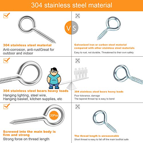 Pack of 20 Metal Hook Heavy-Duty Eye Screws, 304 Stainless Steel Screw Hooks, self-Tapping Eye Ring Bolt Hooks, Wood Terminal Eye Hole Hooks, Pendant Lights Wires, Strong Indoor - size: 20 Pack - 2-3/4"