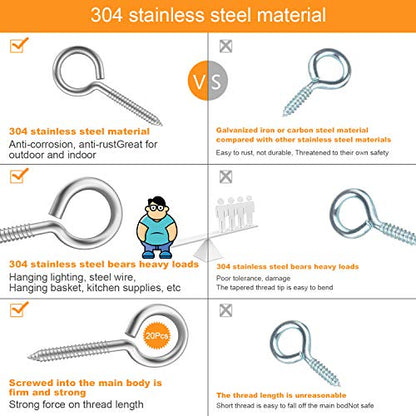 Pack of 20 Metal Hook Heavy-Duty Eye Screws, 304 Stainless Steel Screw Hooks, self-Tapping Eye Ring Bolt Hooks, Wood Terminal Eye Hole Hooks, Pendant Lights Wires, Strong Indoor - size: 20 Pack - 2-3/4"