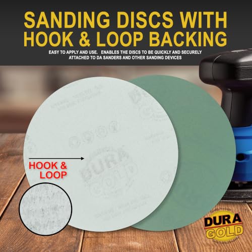 Dura-Gold 5" Green Film Sanding Discs, 320 Grit, Box of 50, Hook & Loop - size: 320-Grit