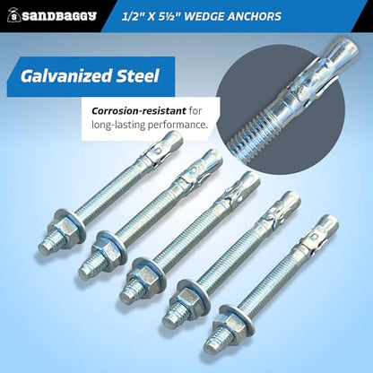 Sandbaggy 1/2" x 5-1/2" Concrete Wedge Anchors Bolts - Hex Head (Galvanized) - Masonry, Concrete (25, 1/2" x 5-1/2") - size: 1/2" x 5-1/2"