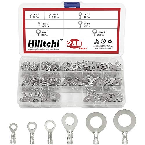 Hilitchi 240Pcs Tin-Plated Copper Non-Insulated Ring Crimp Terminals Assortment Kit - Open Barrel Wire Electric Terminals for Solid & Stranded Wires (M3 M4 M5 M6 M8 M10) - color: Silver