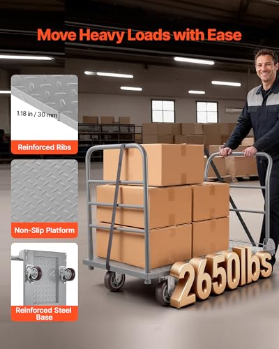 VEVOR 2 in 1Platform Truck, 2650 LBS Heavy Duty Flatbed Cart Dolly with Detachable Rear Guardrail and Swivel Wheels, Foldable Hand Push Truck Cart for Groceries, Garage, Warehouse (48"×24") - size: 48.0 x 24.0 x 36.2 in/1220 x 610 x 920 mm