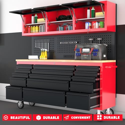 LARBANKE 72" Rolling Tool Chest with 15 Drawers, 1.2" Thick Solid Wood Top - color: Red, size: 15 drawer tool chest and 3 upper cabinet