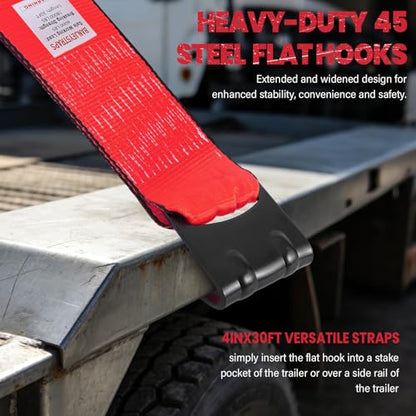 Red Winch Straps 4" x 30 FT - Heavy Duty Flat Hook Tie Downs with 18000lb Break Strength, 6000lb Safe Working Load for Recovery, Flatbed Trailers, Trucks & Farm Use - color: Red
