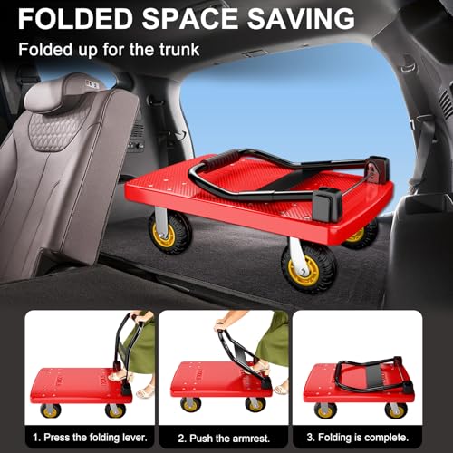 Hand Cart Dolly, Push Cart with 360 Swivel 5'' Wheels, 1200LBS Capacity, Dolly Cart with Wheels Warehouse Cart for Groceries, Garage, Warehouse - Red - color: Red