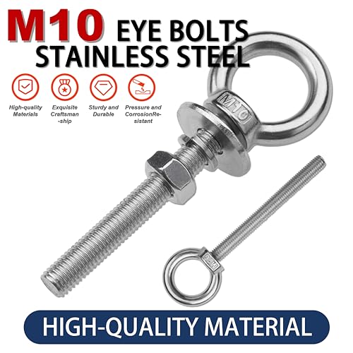 2 Pack M10 Stainless Steel Eye Bolts with Nuts, 3/8" x 3" Eye Bolts - size: M10x77mm (3/8"x3")
