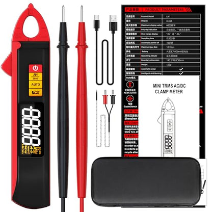 BSIDE 1mA Clamp Meter, DC/AC Current with Smart Mode, True RMS 6000 Counts Rechargeable Auto-Ranging Clamp Multimeter, Temperature Capacitance Diode Duty Cycle Hz Ohm Live Check V-Alert Voltage Tester