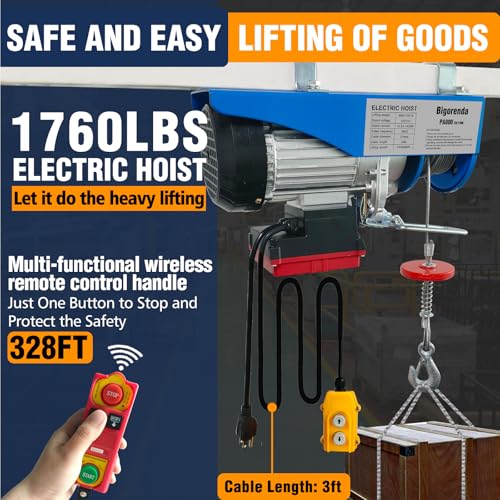1760lb Electric Hoist with Remote Control/Wired Control, Electric Hoist 2 in 1, 110v Electric Hoist with Single/Double Slings,65.6/33ft Lifting Height, for Factory Attic Garage Warehouse - color: Blue