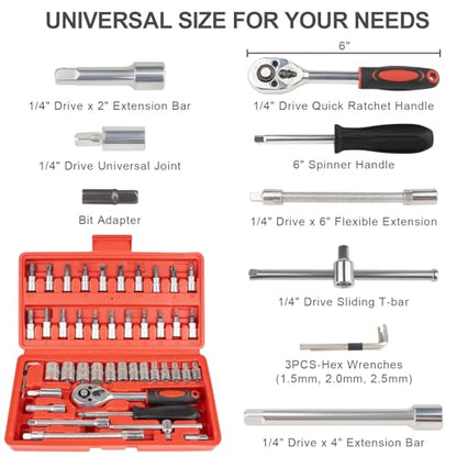Beaiguna 46PCS Small Drive Socket Ratchet Wrench Screwdriver Set, 1/4 Inch Metric Socket and Ratchet Wrench Set with Extension Bar, Upgrade Compact Tool Set for Car - size: Small