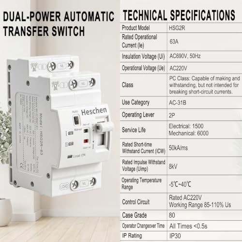 Heschen 63A Dual Power Automatic Transfer Switch 2P 220V DIN Rail ATS - size: 220V 2P