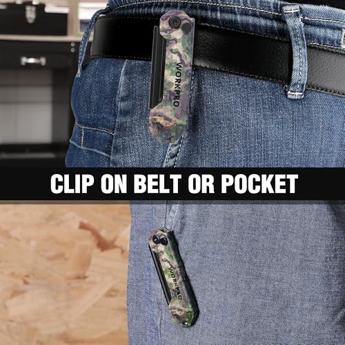 WORKPRO EDC Folding Utility Knife, Mini Box Cutter with Quick Open Axis Lock, Quick Change Blade Razor Knife, Foldable Small Pocket Knife with Belt Clip, 1 Pack with 10 Extra Blades - color: Camo