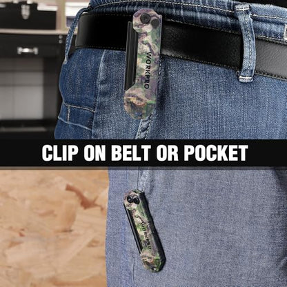 WORKPRO EDC Folding Utility Knife, Mini Box Cutter with Quick Open Axis Lock, Quick Change Blade Razor Knife, Foldable Small Pocket Knife with Belt Clip, 1 Pack with 10 Extra Blades - color: Camo