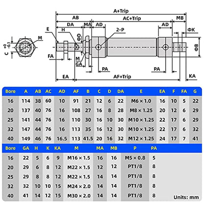 TAILONZ 25mm Bore 50mm Stroke MAL25x50 Air Cylinder Double Action - size: 25mm Bore 50mm Stroke