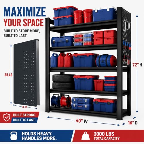 Garage Shelving, 3300 LBS Storage Shelves with Side Guard - size: 40"W×16"D×72"H-with Pegboard