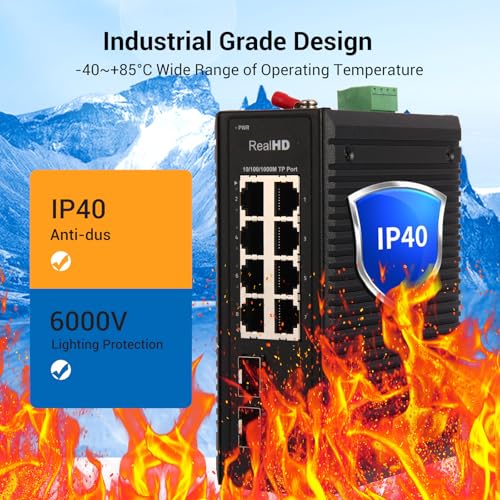 Industrial Ethernet Switch, 10-Port Gigabit Din Rail Switch Hardened, 1000Mbps, 8 Ethernet Ports + 2 SFP Port, Din Rail & Wall Mountable (-40 to 185 F), 20Gbps Switching Capacity, with UL Power Supply