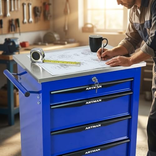 Rolling Tool Chest,Stainless Steel Worktop,Blue,4‑Drawer - color: Blue, size: 4-Drawers