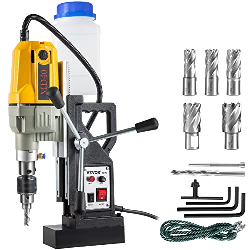 VEVOR Magnetic Drill, 1100W 1.57" Boring Diameter, 2697lbf/12000N Portable Electric Mag Drill Press with 7 Bits, 580 RPM Max Speed Drilling Machine for any Surface and Home Improvement - size: 1.57 in (7 Bits)