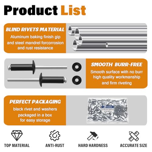 130pcs 3/16" x 5/8" Black Aluminum Pop Rivets with Stainless Steel Washers 4.8 x 16mm Blind Rivet Assortment Kit - size: 3/16*5/8