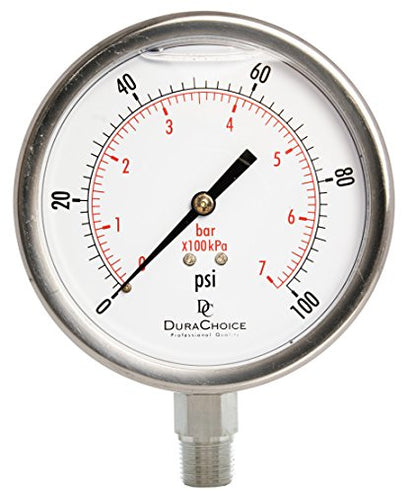 4" SS Oil Filled Pressure Gauge, 3/8" NPT Lower Mount, 100 PSI - size: [0-100 PSI]
