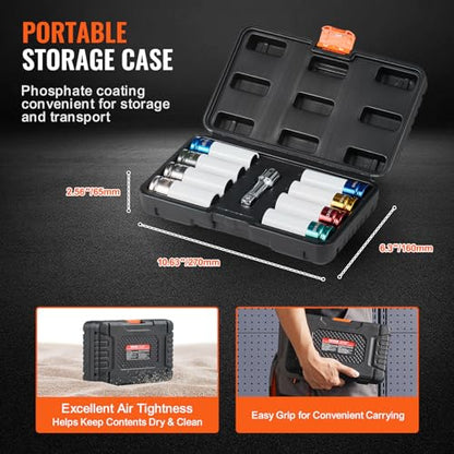 VEVOR 9-Piece Lug Nut Impact Socket Set 1/2 Inch Drive, Metric and SAE, 6-Point, CR-MO, Deep Wheel Protector Impact Socket Set With Storage Case and Extension Bar for Auto Repair - size: 1/2" 9PCS