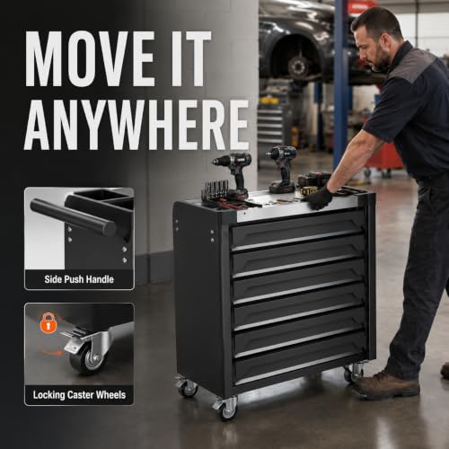 7-Drawer Rolling Tool Chest, Tool Box Lockable Metal Tool Cabinet with Side Storage Cabinet, Ball Bearing Slides Steel Organizer,Heavy-Duty Powder-Coated Tool Cart for Garage Workshope, Black