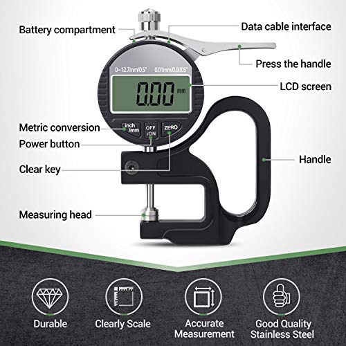 Digital Thickness Gauge 0.5in/12.7mm 0.0005in/0.01mm for Leather