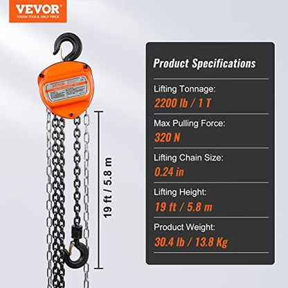 VEVOR Hand Chain Hoist, 1 Ton 2200 lbs Capacity 20 FT Come Along, G80 Galvanized Carbon Steel with Double-Pawl Brake, Auto Chain Leading & 360° Rotation Hook, for Garage Factory Dock - size: 1T 20FT
