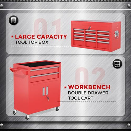INTERGREAT 8 Rolling Drawers Tool Chest, Assembled Tool Chest with Wheels, Detachable Top Tool Box, Tool Cabinet for Repair Room,Warehouse, Rolling Tool Box with Hooks,Tray Divider,Red - color: Red, size: 8 Drawers