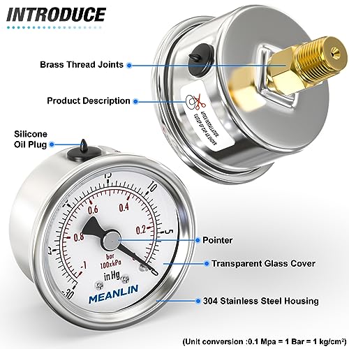 MEANLIN MEASURE -30inHG~0Psi Vacuum Gauge Stainless Steel 1/4" NPT 2" FACE DIAL Waterproof for Air Compressor HVAC Negative Pressure Hand Pump Pool Back Mount with 1/2" NPT and 3/8" NPT Hex Bushing - size: -15-0Psi
