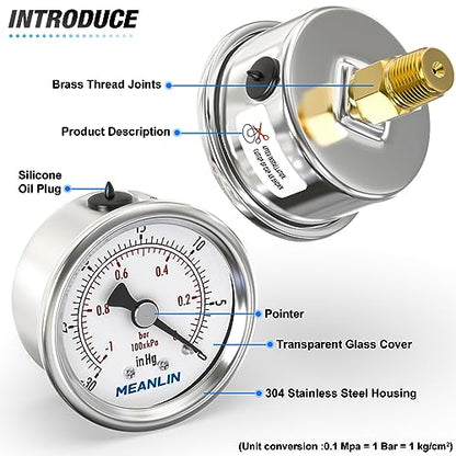 MEANLIN MEASURE -30inHG~0Psi Vacuum Gauge Stainless Steel 1/4" NPT 2" FACE DIAL Waterproof for Air Compressor HVAC Negative Pressure Hand Pump Pool Back Mount with 1/2" NPT and 3/8" NPT Hex Bushing - size: -15-0Psi