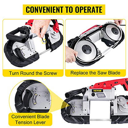 VEVOR Portable Band Saw, 110V Removable Alloy Steel Base 5 Inch Cutting Capacity Hand held Variable Speed Portable Bandsaw, 10Amp Motor Deep Cut Band saw for Metal Wood - style: with Base